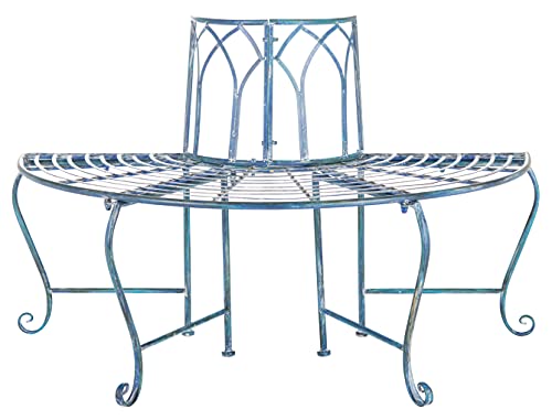 SAFAVIEH Outdoor - Abia Iron Tree Bench - Mossy Blue Iron Metal - Vintage Scrollwork Garden Design - Ideal for Patio, Deck, Porch, Garden, 17" Seat Height (PAT5018C)