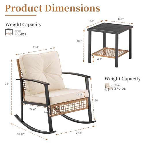 COSIEST 3-Piece Outdoor Rocking Chairs Bistro Set, Rattan Patio Furniture with Thick Warm Beige Cushions & 2-Tier Storage Coffee Table for Garden, Porch, Balcony,Backyard