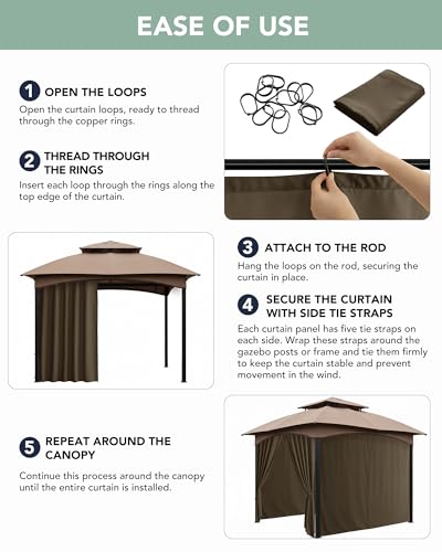 RichSets Gazebo Curtains Outdoor Waterproof - 10'Wx12'Lx7'H Gazebo Universal Replacement Privacy Curtains, 4 Panels Sidewall Drapes with Zipper for Patio Pergola Garden Backyard, Brown