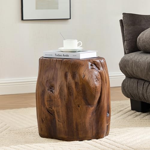 Christopher Knight Home Pawn 17" H MGO Outdoor Side Table with Tree-Stump Design, Patio Decorative Wood-Like Texture End Table, Round Top Lightweight Concrete Garden Stool, No Assembly, Dark Brown