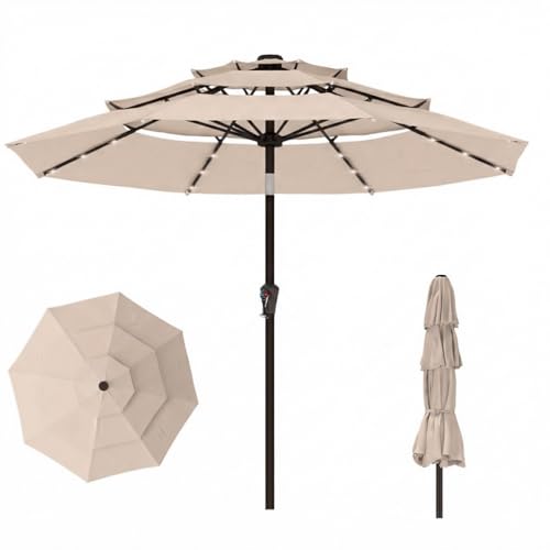 Patio Kingdom 10ft 3-Tier Patio Umbrella with 32 Solar Powered LED Lights, Windproof Outdoor Market Umbrella for Deck, Poolside & Garden, Sturdy Push-Button Tilt Table Umbrella, Beige