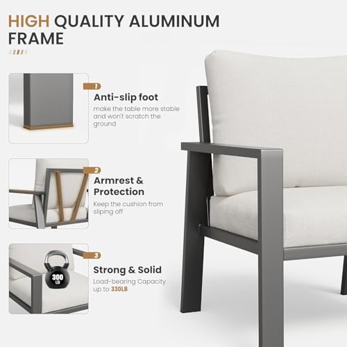 VONZOY Outdoor Loveseat with Coffee Table Small Furniture Aluminum Patio Love Seat Couch Outdoor Chairs with 4" Cushion Loveseats Sofa for Poolside,Balcony,Deck,Yard