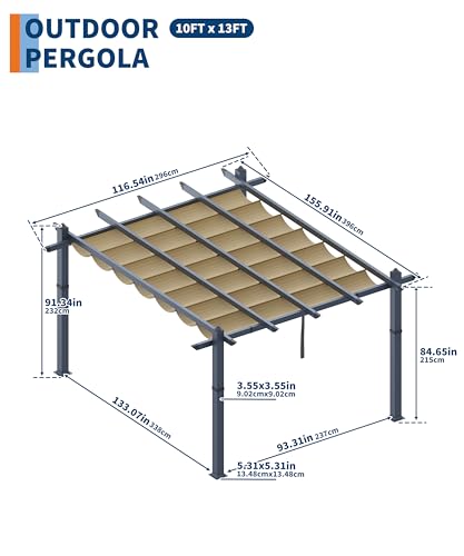 GarveeLife 10x13 ft Aluminum Pergola, Outdoor Metal Pergola with Adjustable Canopy, Reinforced Frame Outdoor Shelter for Backyard, Garden and Deck - Khaki