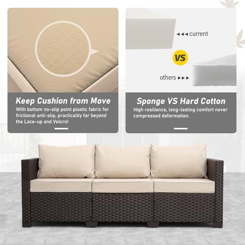 Rattan Star Outdoor Furniture Couch 3 Seater Sofa Outdoor Brown Wicker Sofa Deep Seat High Backrest Patio Couch with Non-Slip Cushions Waterproof Cover, Khaki