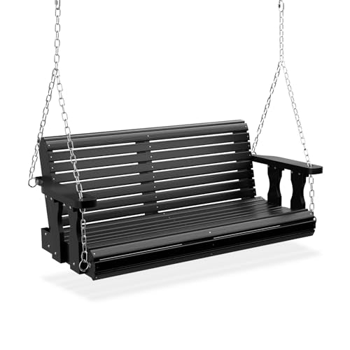 VINGLI Upgraded Patio Wooden Porch Swing for Courtyard & Garden, Heavy Duty 880 LBS Swing Chair Bench with Hanging Chains for Outdoors (Black, 4 FT)