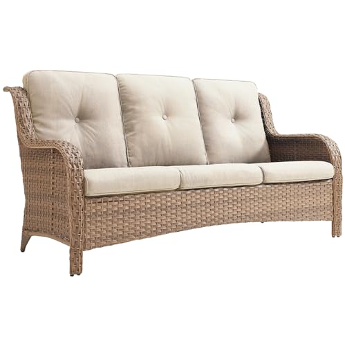 Artfurniz Wicker 3-Seat Outdoor Sofa - All Weather Rattan Sofa Patio Furniture with Deep Seating, Comfortable High Back Outdoor Couch for Balcony, Porch, Deck and Backyard - Yellow/Beige