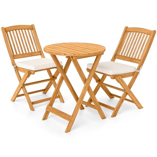 Giantex 3Pcs Patio Bistro Set, Wood Folding Table Set, 2 Cushioned Chairs for Garden Yard, Outdoor Furniture Round Table (Natural & Beige)