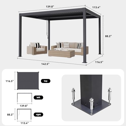 MELLCOM Pergola Louvered 10x12, Metal Hardtop Pergola with Adjustable Roof for Sun & Rain Shade, Outdoor Gazebo with Integrated Drainage System, Modern Rustproof Patio Canopy Carport