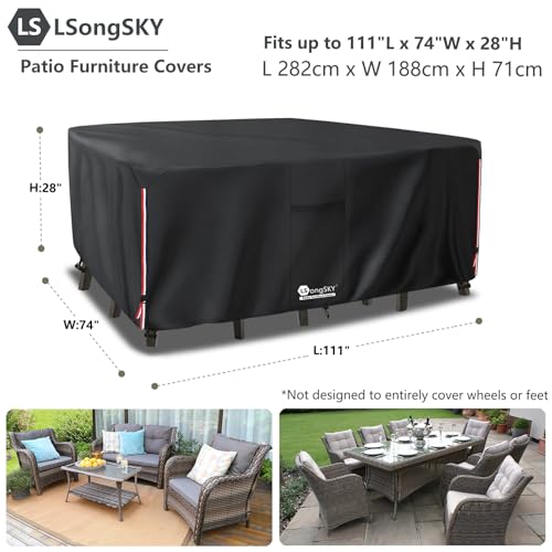 LSongSKY Outdoor Furniture Covers Waterproof,600D Heavy Duty Patio Furniture Covers for 6/7/8 PCS Sets Sectional Sofa Couch Rocking Swivel Chairs Ottomans Coffee Table,111L x 74W x 28H inch Black
