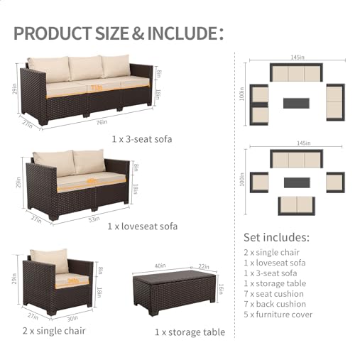 Rattaner 5-Piece Outdoor Furniture Set Patio Furniture Set Outdoor Couch Coffee Table with Storage Non-Slip Cushions and Waterproof Covers, Khaki