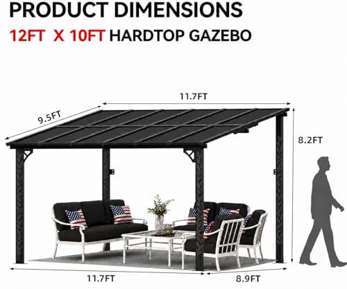 10 x 12 FT Patio Pergola, Heavy Duty Outdoor Metal Lean-to Gazebo, Hardtop Galvanized Steel Pergola with Sloped Polycarbonate Roof for Backyard, Deck, Patio, Black (140.5" L x 119" W x 98.4" H)