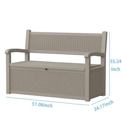 Pepe Tee 80 Gallon Outdoor Storage Bench, Resin Deck Box with Backrest and Armrests, All-Weather Seating, Coffee