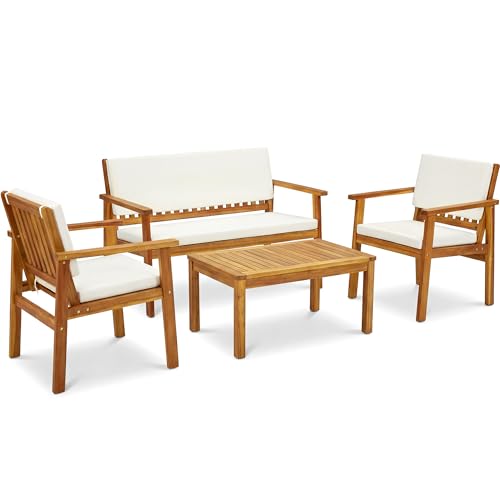 Devoko Patio Furniture 4 Piece Acacia Wood Outdoor Conversation Sofa Set with Table & Cushions Porch Chairs for Garden, Deck, Backyard, Natural
