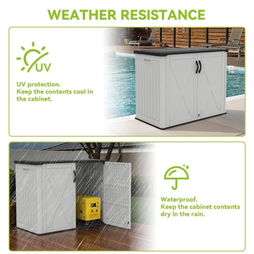 Devoko 26 Cu Ft Plastic Outdoor Storage Shed, Horizontal Resin Storage Cabinet with Lockable Door, Water-Resistant Backyard Storage Box for Garden Patio, White, Shelf Not Included