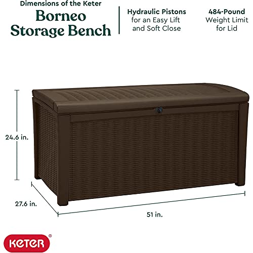Keter Borneo 110 Gallon Resin Deck Box - Organization and Storage for Patio Furniture, Outdoor Cushions, Throw Pillows, Garden Tools and Pool Toys, Brown