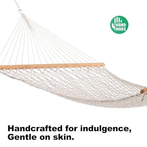 GAFETE Double Hammocks for Outside, Handwoven Traditional Cotton Rope 2 Person Hammock with Hardwood Spreader Bar, Chains & Hooks for Indoor Outdoor, Max 450 lbs Capacity (Natural Beige, Medium)