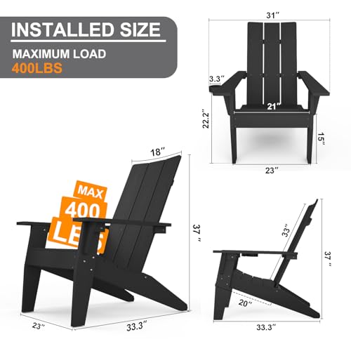 MXIMU Adirondack Chairs Set of 2 Outdoor: Oversized Modern Adirondack Chairs with Cup Holder - All-Weather Plastic Composite Material - Ergonomic Support for Adults to Relax in Lawn & Backyard (Black)