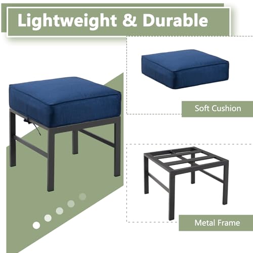 Auzfy 2 Pieces Outdoor Ottomans for Patio, Assembled Patio Ottomans with Bule Cushions, Metal Small Outdoor Footrest for Patio Porch Yard Garden Deck, Gray Frame