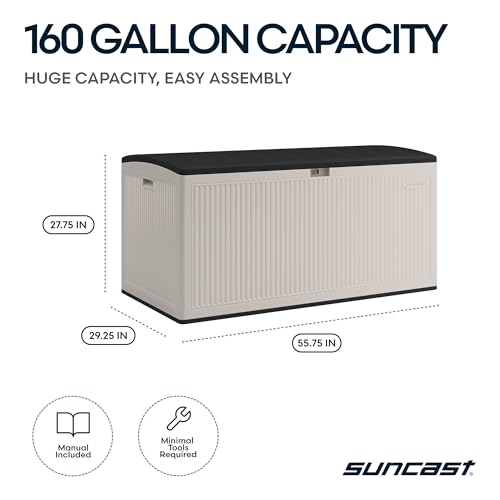 Suncast 160-Gal. Resin Extra-Large Outdoor Patio Deck Box with Pad-Lockable Lid, Modern Reeded Outdoor Patio Bench/Storage Box for Cushions, Garden Tools, and More, Iron Ore/French Gray