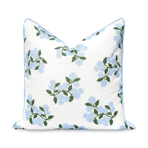 Hofdeco Premium Coastal Patio Indoor Outdoor Throw Pillow Cover Only, 20"x20" Water Repellent for Backyard, Couch, Baby Blue Print Hydrangea Flower