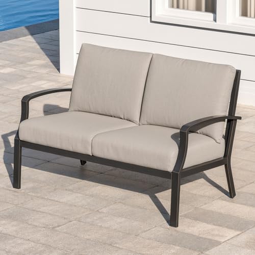 SEEHILL Never-Rust Aluminum Outdoor Loveseat, Modern Patio Loveseat Couch with Deep Seating, All-Weather 2-Seater Outdoor Patio Couch, Outdoor Club Sofa with Cushion for Balcony, Garden, Dark Bronze