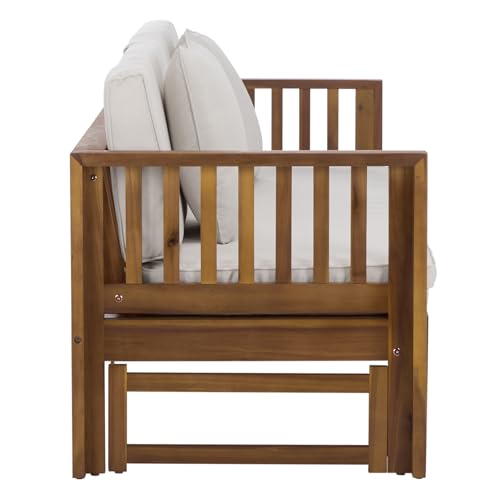 SAFAVIEH Outdoor Patio Furniture Collection - Napoli Brown & Cream Solid Wood Bench Convertible Daybed with Cushions, Versatile Patio Seating (PAT6805A)