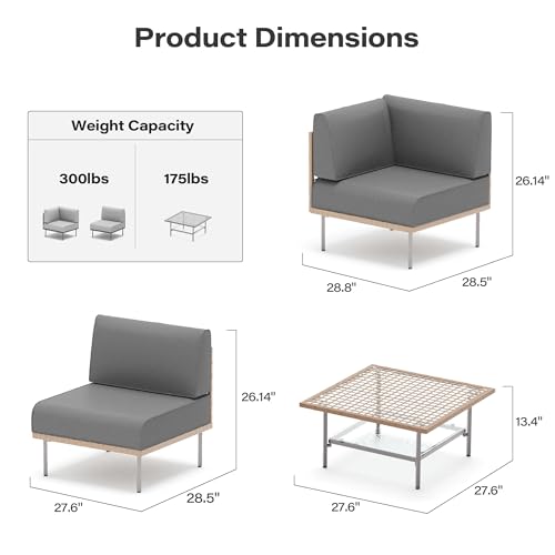 EO Living 5-Piece Modular Outdoor Patio Furniture Set, PE Rattan Sectional Conversation Sofa with Tempered Glass Table and Machine-Washable Cushions (Grey)