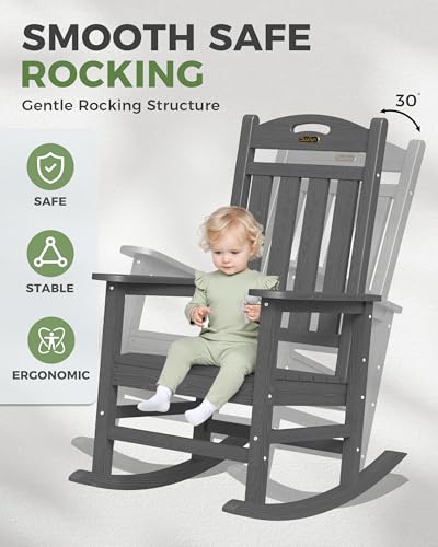SUUNYN Oversized Outdoor Rocking Chair, HDPE All Weather Resistant Patio Rocking Chair, High Back Porch Rocking Chair, 380lbs Weight Capacity, Dark Grey