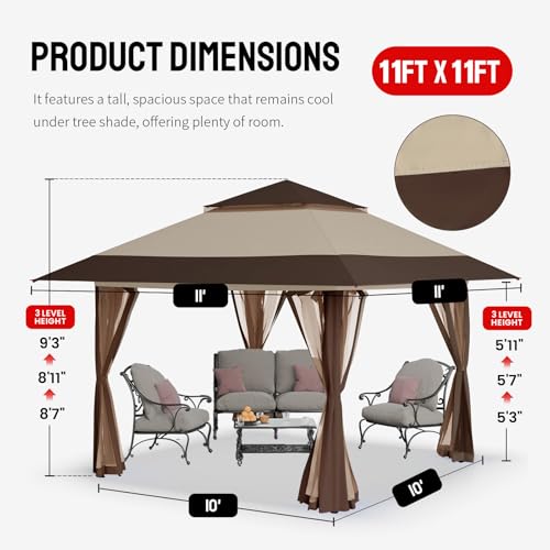 CROWN SHADES 11x11 Pop Up Gazebo, Patented One Push Outoor Canopy Tent with Wheeled STO-N-GO Cover Bag, Pop Up Canopy with Netting for Patio, Backyard (11x11, Beige & Coffee)
