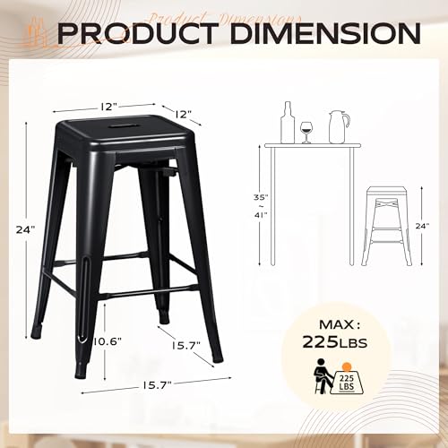 Furmax 24 Inch Metal Bar Stools Set of 4, Counter Height Bar Stools Height High Backless Stools Industrial Stackable Bar Chairs for Dining Room Kitchen Indoor Outdoor Stools Bar Chairs (Black)