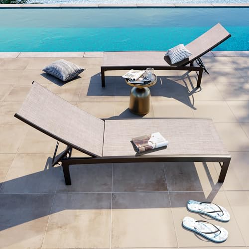 Crestlive Products Lounge Chair Outdoor Set of 2, Metal Pool Chaise Lounge Chairs, Adjustable Five-Position Tanning Recliner, All Weather for Patio, Beach, Yard, Pool (Beige)