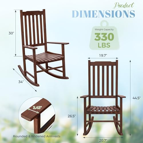 Flamaker Acacia Wood Patio Rocking Chair Set of 2, High Back and Widen Armrest for Adults, Solid Wood Porch Rocking Chair for Lawn, Garden, Backyard (Brown)