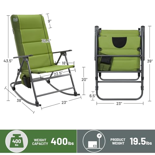 Timber Ridge Oversized Folding Rocking Camping Chair, Padded Outdoor Rocker with High Back, Portable Outdoor Chair for Patio, Garden, Lawn, Supports up to 400 lbs, Green