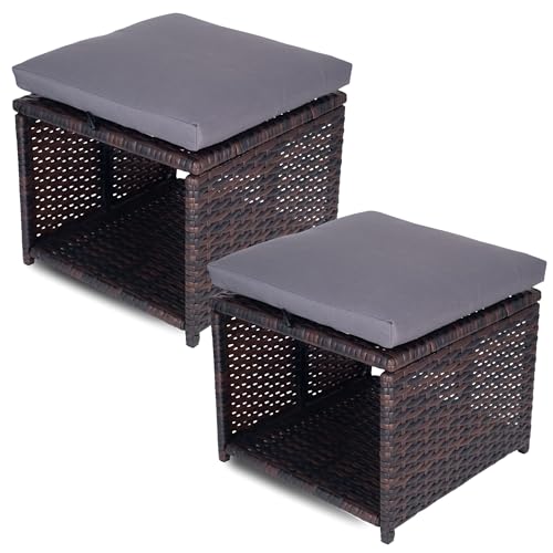 EZ Pro Goods Outdoor Storage Ottoman (Set of 2) - All-Weather Wicker Patio Footstool with Washable Cushions - Sturdy Rattan Foot Rest & Hidden Box for Deck, Porch, Backyard & Balcony