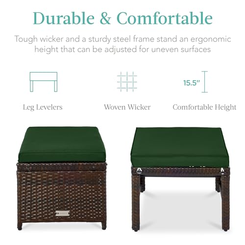 Best Choice Products Set of 2 Wicker Ottomans, Multipurpose Outdoor Furniture for Patio, Backyard, Additional Seating, Footrest, Side Table w/Removable Cushions, Steel Frame - Midnight Green/Brown