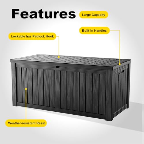 KFY 150 Gallon Large Outdoor Storage Box Waterproof, UV Resistant Resin Deck Box with Hydraulic Rod & Lockable Latch for Patio Furniture, Outside Storage Box for Garden Tools, Patio Cushions, Black