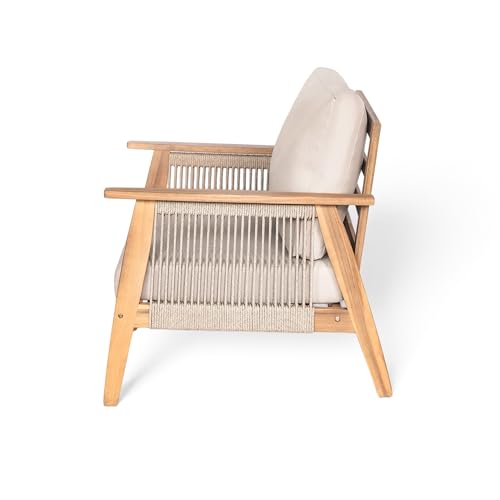 Christopher Knight Home Lorna 4-Seater Patio Furniture Set with Removable Cushion, 4 Piece Outdoor Acacia Wood Conversation Set, Sold Wood Outdoor Sectional Sofa Set with Coffee Table, Teak+Beige
