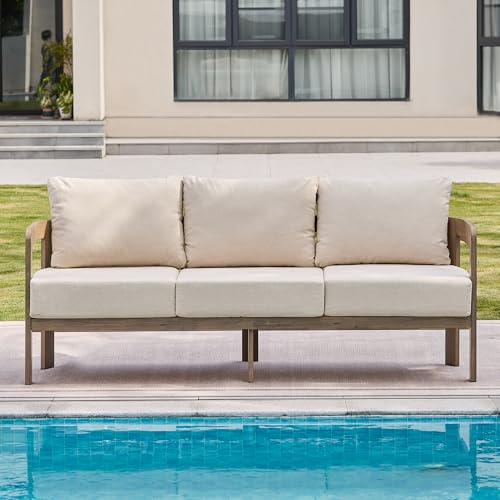 COMLAX FIELD Aluminum Outdoor Patio Sofa, 3-Seat All-Weather Metal Modern Couch with Washable Thick Cushion for Garden/Backyard/Porch, Beige
