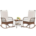 Devoko Outdoor Rocking Chairs 3 Piece Patio Furniture Set with Side Table & Cushions, Wicker Porch Rocker Bistro Set High Back for Balcony, Backyard, Garden (Beige)