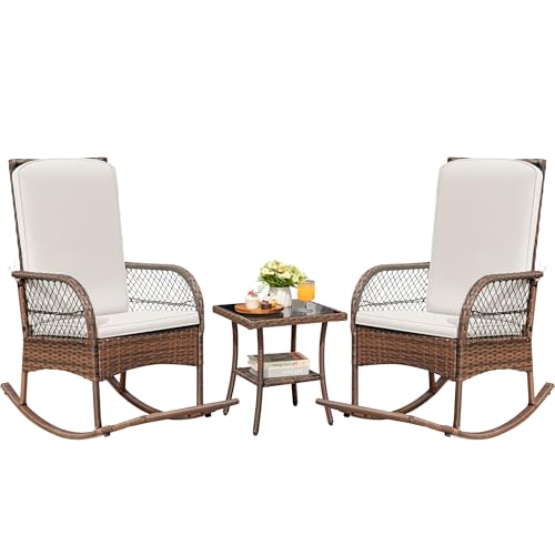 Devoko Outdoor Rocking Chairs 3 Piece Patio Furniture Set with Side Table & Cushions, Wicker Porch Rocker Bistro Set High Back for Balcony, Backyard, Garden (Beige)