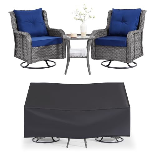Wumiokio Patio Furniture Sets, 3 Pieces Wicker Outdoor Furniture - 360 Degree Swivel Rocking Chairs and Rattan Side Table for Garden,Porch,Backyard (Grey Wicker/Blue Cushion, 3PCS - Swivel Chairs)