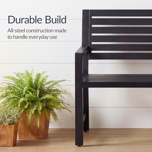 Best Choice Products Outdoor Metal Bench Patio Garden Bench, Heavy Duty 790lb Capacity, Steel Slatted Seat Porch Bench with Armrests, Weather Resistant Park Bench
