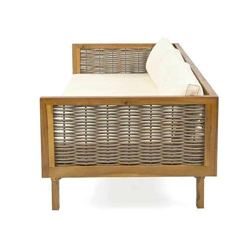 Christopher Knight Home Charm Patio Conversation Set, 3 Seater Acacia Wood Sofa, Spacious Seating Wicker Armrest Chair, Wood Coffee Table, Round Side Table, Outdoor Furniture for Backyard, Beige