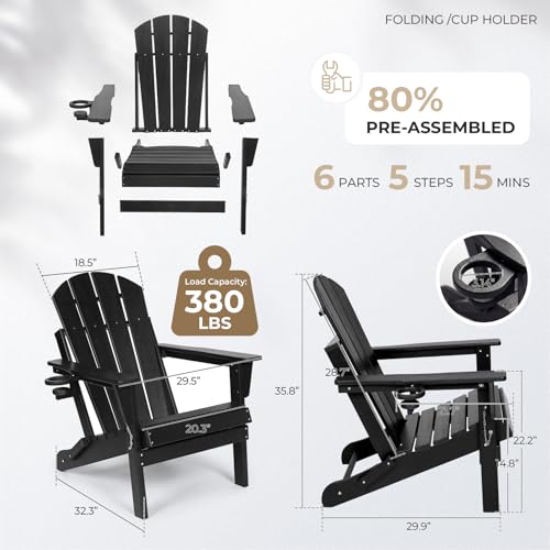 SFYLODS HDPE Folding Adirondack Chair, Outdoor Patio Chair with Cup Holder, Weather Resistant Wood Grain Lawn Chair for Backyard, Garden, Fire Pit, Deck, Black