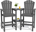 KINGYES Tall Adirondack Chair Set of 2, All-Weather HDPE Outdoor Adirondack Barstools with Removable Double Connecting Trays, High Airondack Chair with Wood Grain, Embossed Balcony Chair, Gray