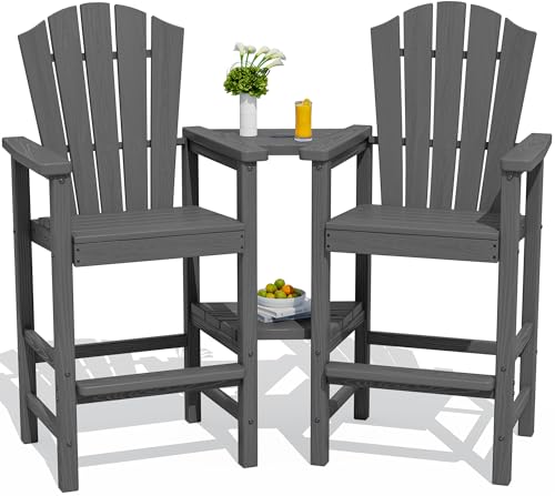KINGYES Tall Adirondack Chair Set of 2, All-Weather HDPE Outdoor Adirondack Barstools with Removable Double Connecting Trays, High Airondack Chair with Wood Grain, Embossed Balcony Chair, Gray
