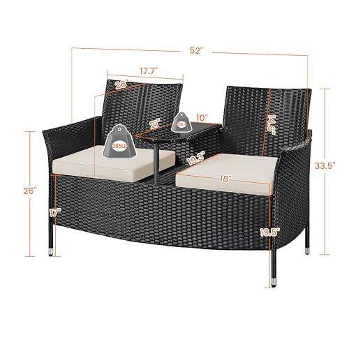 Yaheetech Patio Loveseat, Outdoor Wicker Double Chair w/Side Table, PE Rattan Furniture Set for Two People, Love Seat w/2 Removable Cushions & 1 Tempered Glass Side Table, Black/Beige