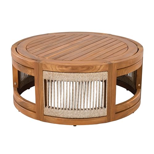 Christopher Knight Home Nesbit 4 Pieces Conversation Set, Acacia Wood Chat Set, Woven Rope Loveseat and Accent Chairs, Slat Panel Coffee Table, Patio Furniture Set for Backyard Balcony Garden, Gray