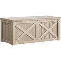 YITAHOME 150 Gallon Large Deck Box with X-Shaped Front, Resin Outdoor Storage Boxes, Waterproof Cushion Storage Bench for Patio, Pool Supplies, Garden Tools - Lockable, Taupe