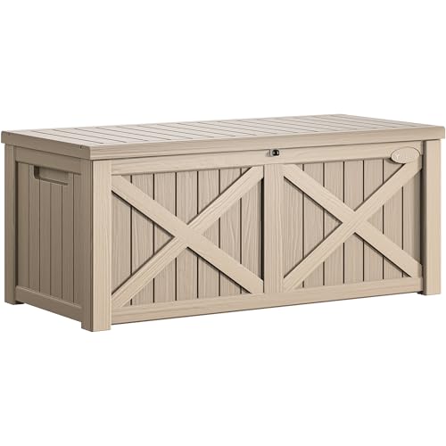 YITAHOME 150 Gallon Large Deck Box with X-Shaped Front, Resin Outdoor Storage Boxes, Waterproof Cushion Storage Bench for Patio, Pool Supplies, Garden Tools - Lockable, Taupe